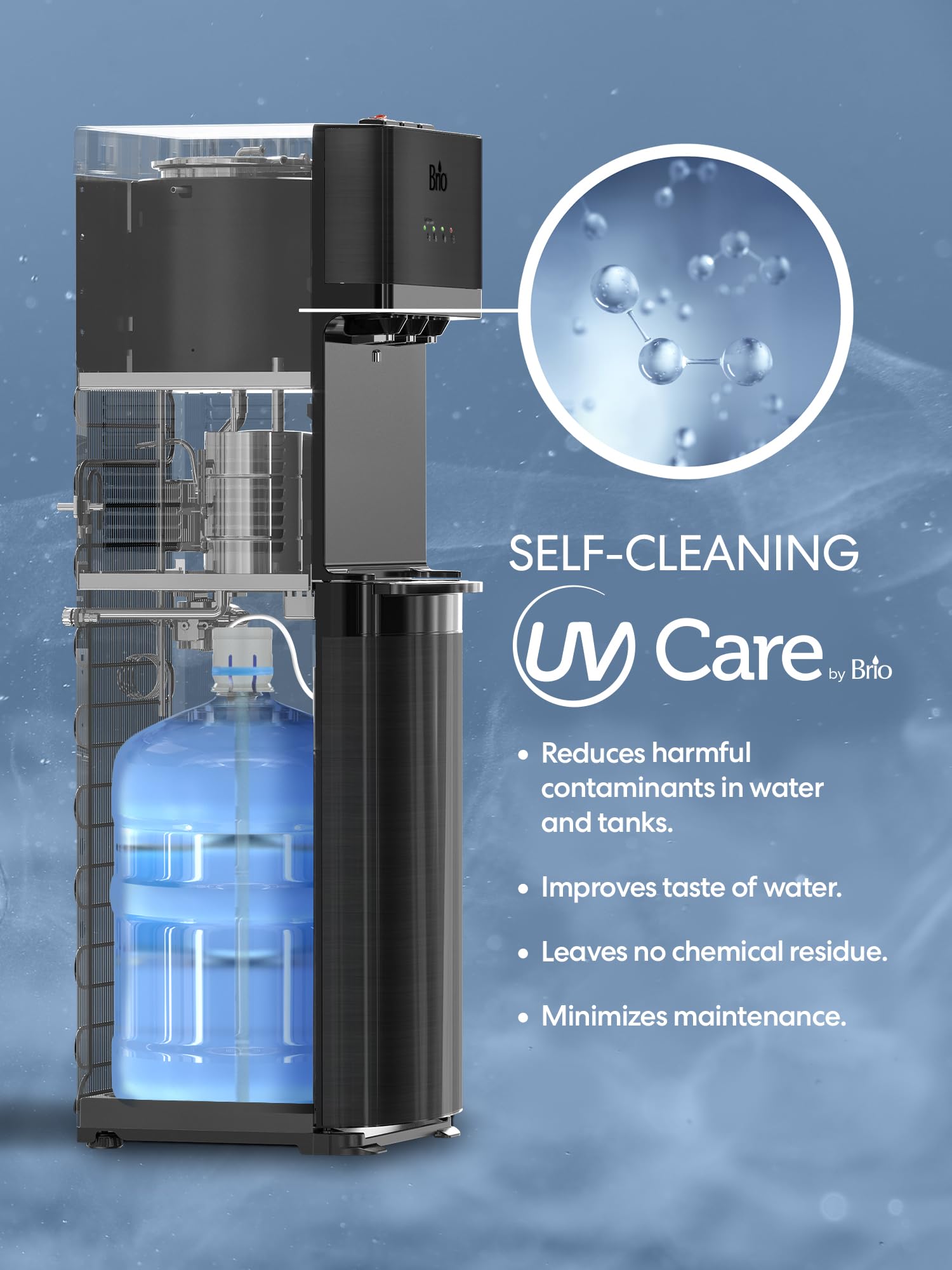 Brio Self Cleaning Bottom Loading Water Cooler Water Dispenser - Black Stainless Steel - 3 Temperature Settings - Hot, Room & Co